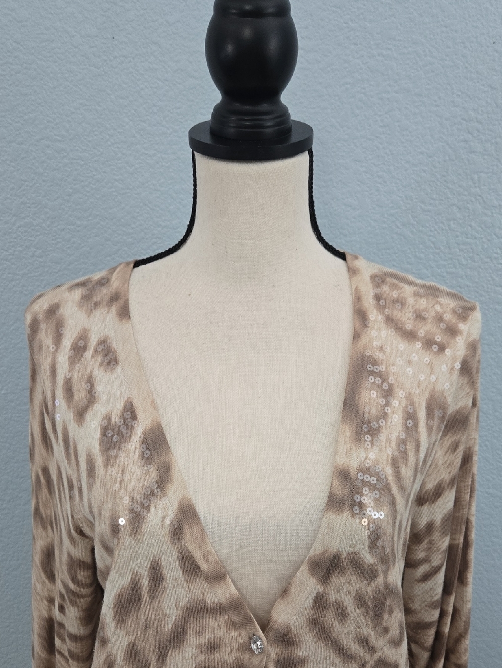 INC Cheetah Sequined Cardigan Deep V Sweater 3/4 Sleeves Sparkle Buttons Sz 1X - Picture 2 of 8